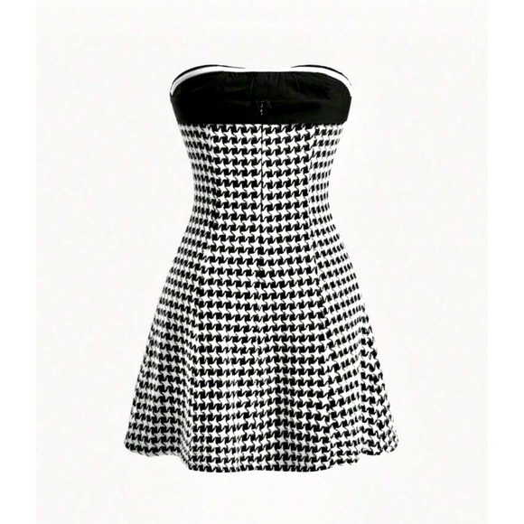 Houndstooth Strapless Mini Dress Women's Small Black White Stretch Casual Party - Picture 2 of 4